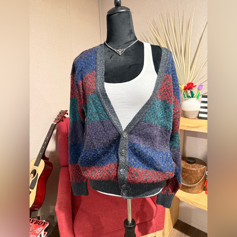 Vintage Jantzen Multicolor V-Neck Button-Front Cardigan with Charcoal Trim